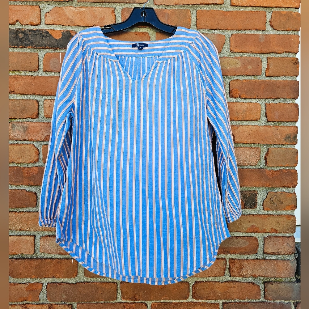 NEW Nautica Blue & Coral Striped Chambray V-Neck Blouse (Medium)